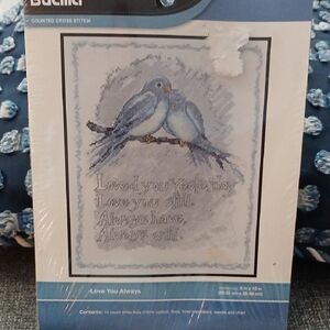 Bucilla Cross Stitch Kit with Blue Birds and Sentimental Text